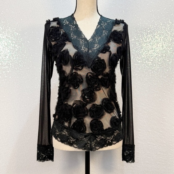 French Laundry by Neto Sheer Black Lace Top with 3D Floral Embellishments - Picture 14 of 16